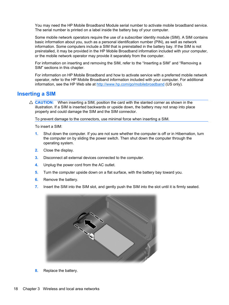 Inserting a sim | HP Pavilion dm3-2010us Entertainment Notebook PC User Manual | Page 28 / 95