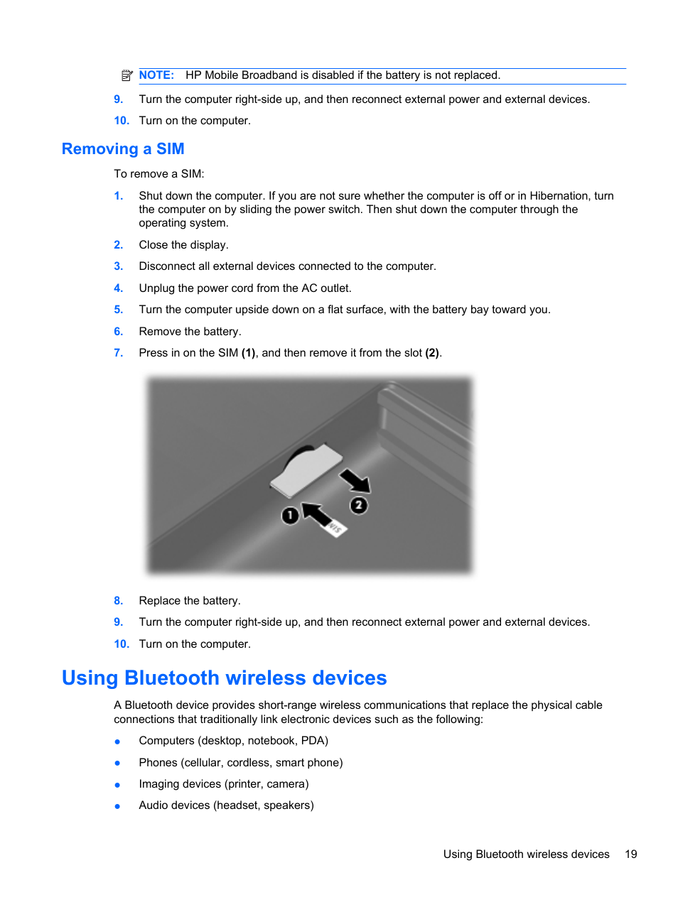 Removing a sim, Using bluetooth wireless devices | HP Pavilion dm3-2010us Entertainment Notebook PC User Manual | Page 29 / 95