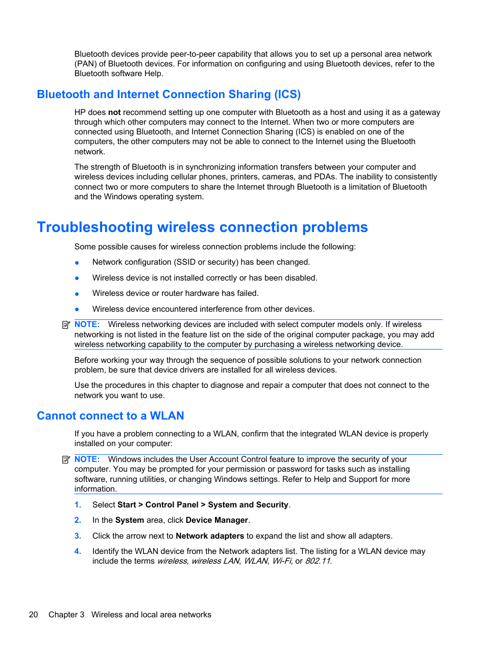 Bluetooth and internet connection sharing (ics), Troubleshooting wireless connection problems, Cannot connect to a wlan | HP Pavilion dm3-2010us Entertainment Notebook PC User Manual | Page 30 / 95