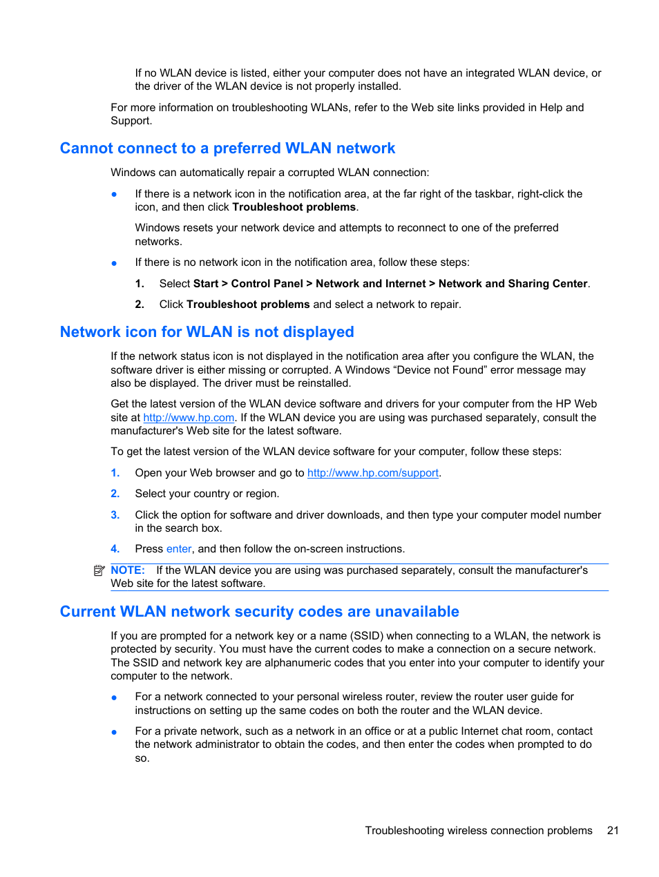 Cannot connect to a preferred wlan network, Network icon for wlan is not displayed | HP Pavilion dm3-2010us Entertainment Notebook PC User Manual | Page 31 / 95