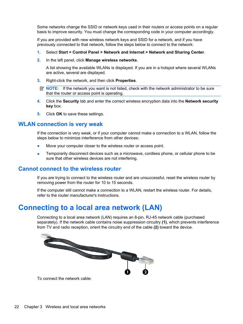 Wlan connection is very weak, Cannot connect to the wireless router, Connecting to a local area network (lan) | HP Pavilion dm3-2010us Entertainment Notebook PC User Manual | Page 32 / 95