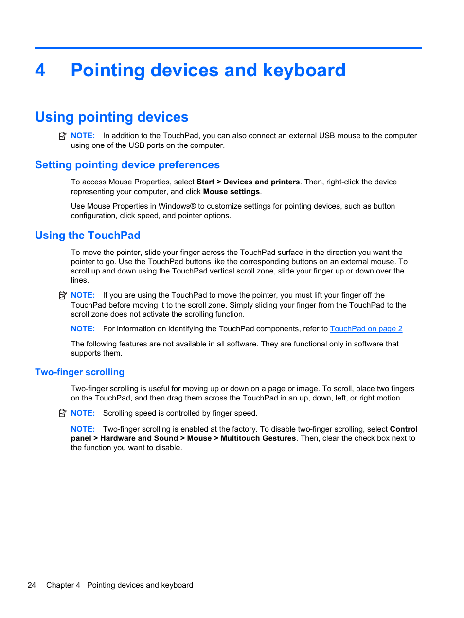 Pointing devices and keyboard, Using pointing devices, Setting pointing device preferences | Using the touchpad, Two-finger scrolling, 4 pointing devices and keyboard, 4pointing devices and keyboard | HP Pavilion dm3-2010us Entertainment Notebook PC User Manual | Page 34 / 95