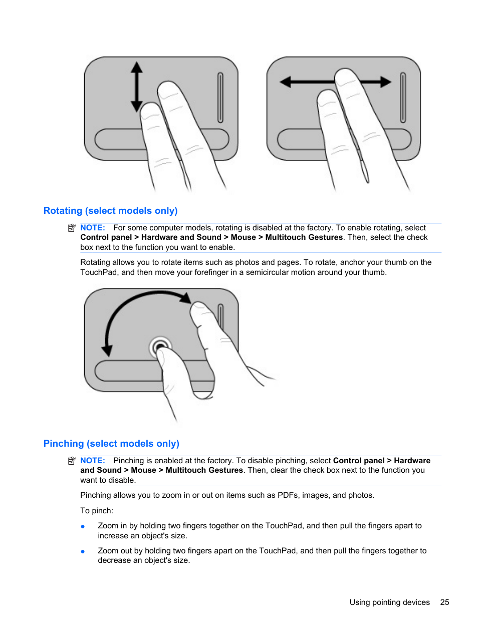 Rotating (select models only), Pinching (select models only) | HP Pavilion dm3-2010us Entertainment Notebook PC User Manual | Page 35 / 95