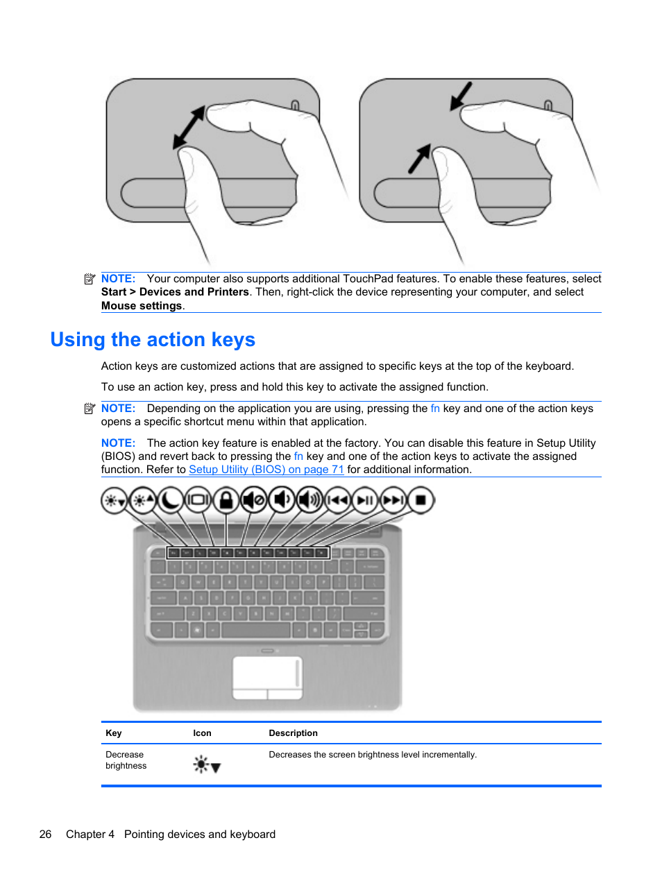 Using the action keys | HP Pavilion dm3-2010us Entertainment Notebook PC User Manual | Page 36 / 95