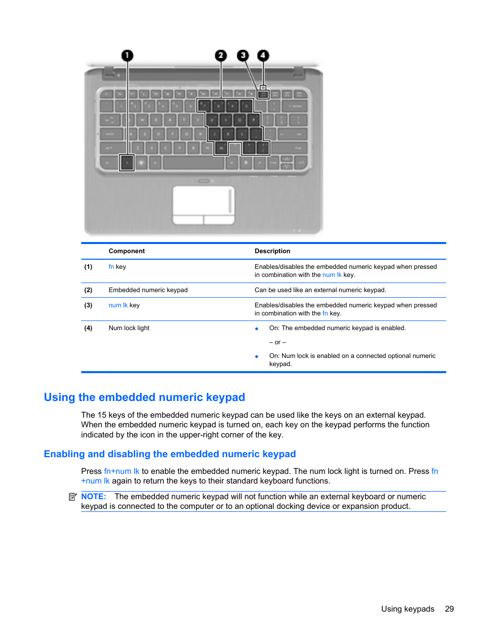 Using the embedded numeric keypad, Enabling and disabling the embedded numeric keypad | HP Pavilion dm3-2010us Entertainment Notebook PC User Manual | Page 39 / 95