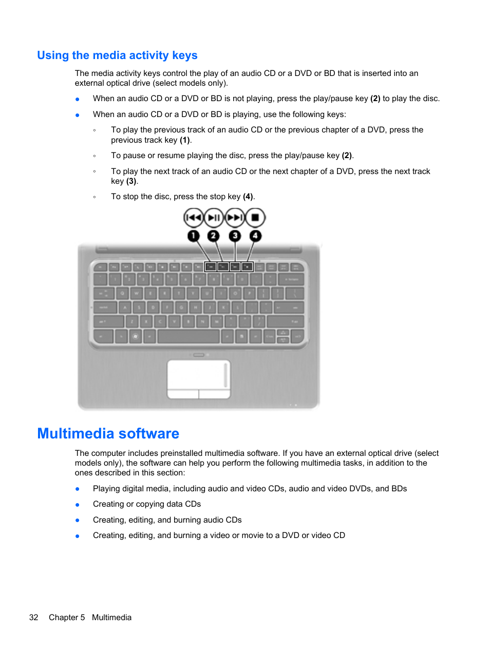 Using the media activity keys, Multimedia software | HP Pavilion dm3-2010us Entertainment Notebook PC User Manual | Page 42 / 95