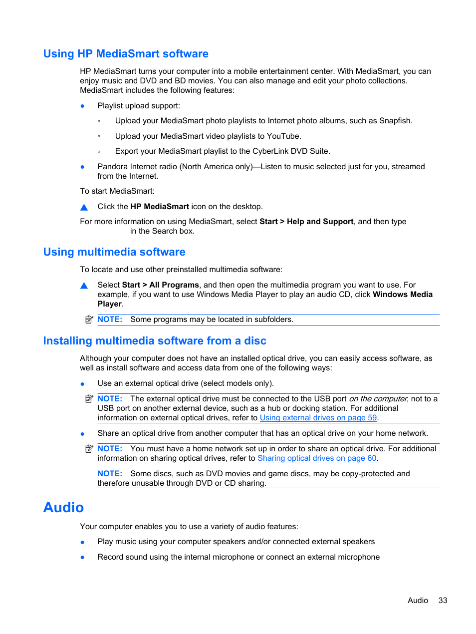 Using hp mediasmart software, Using multimedia software, Installing multimedia software from a disc | Audio | HP Pavilion dm3-2010us Entertainment Notebook PC User Manual | Page 43 / 95