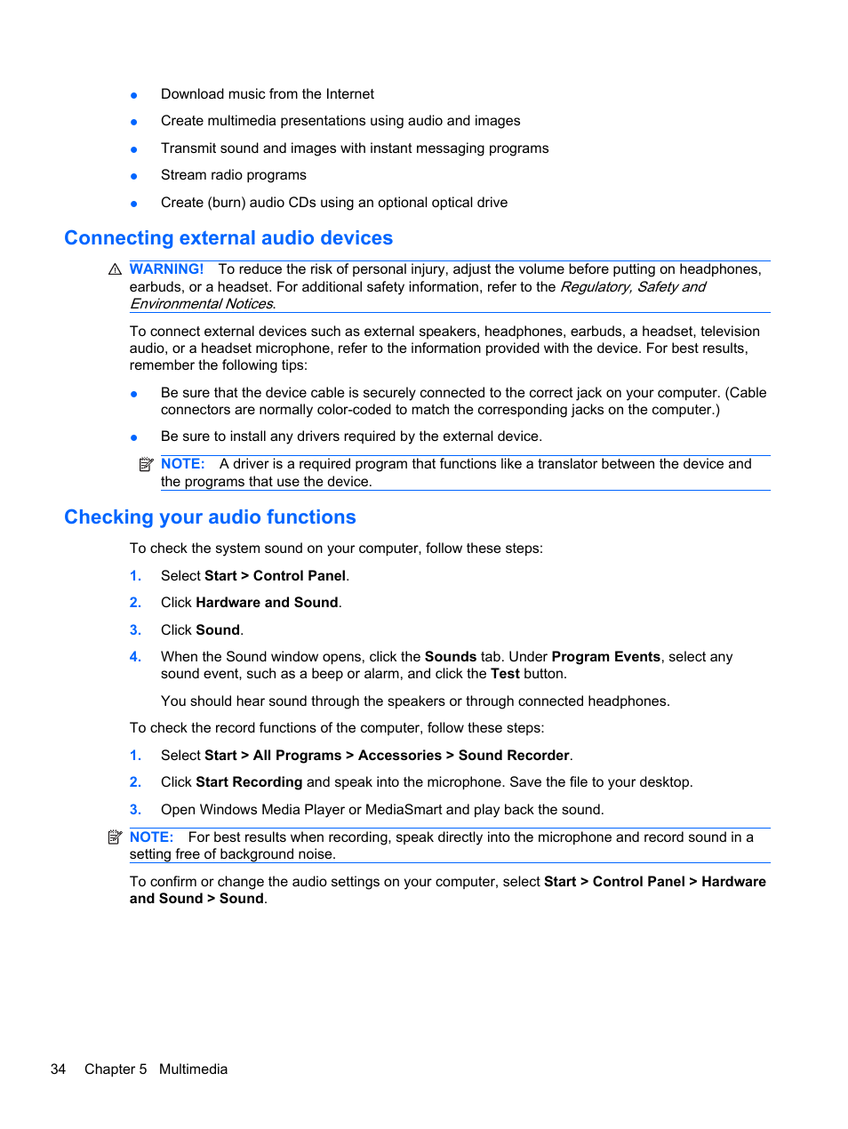 Connecting external audio devices, Checking your audio functions | HP Pavilion dm3-2010us Entertainment Notebook PC User Manual | Page 44 / 95