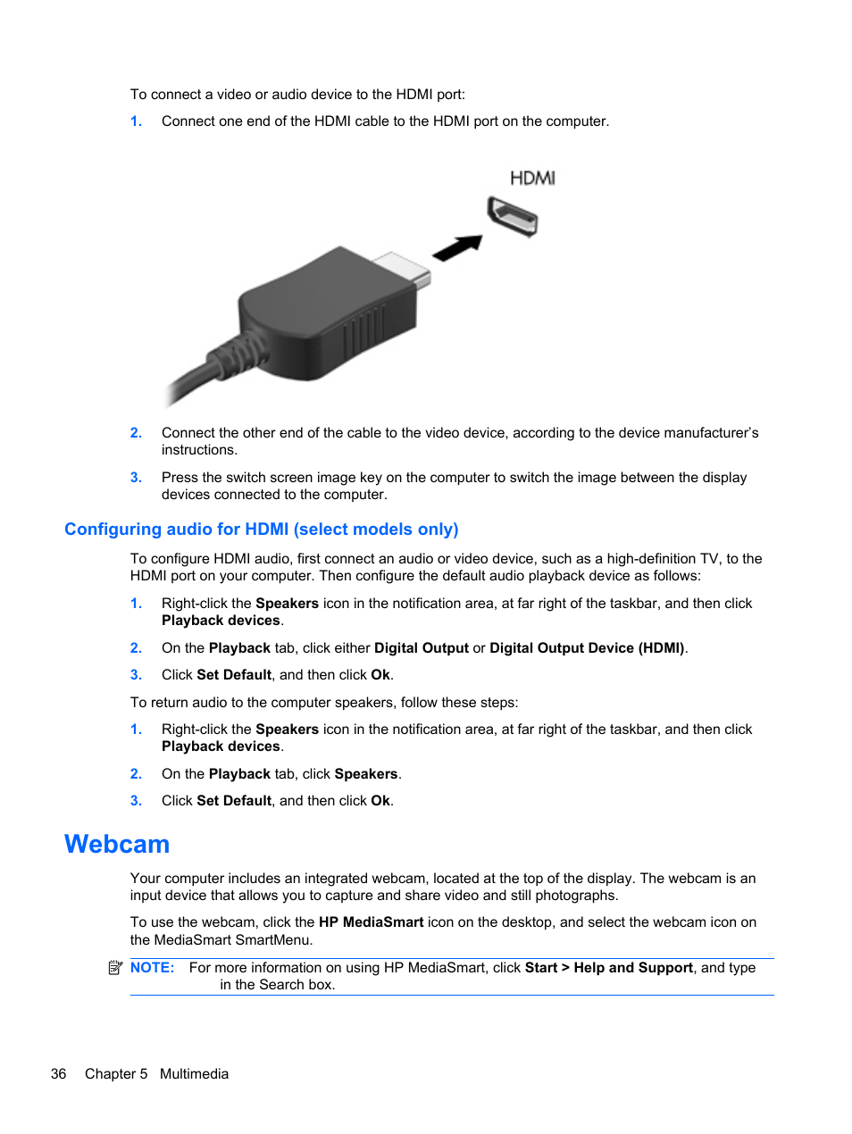Configuring audio for hdmi (select models only), Webcam | HP Pavilion dm3-2010us Entertainment Notebook PC User Manual | Page 46 / 95