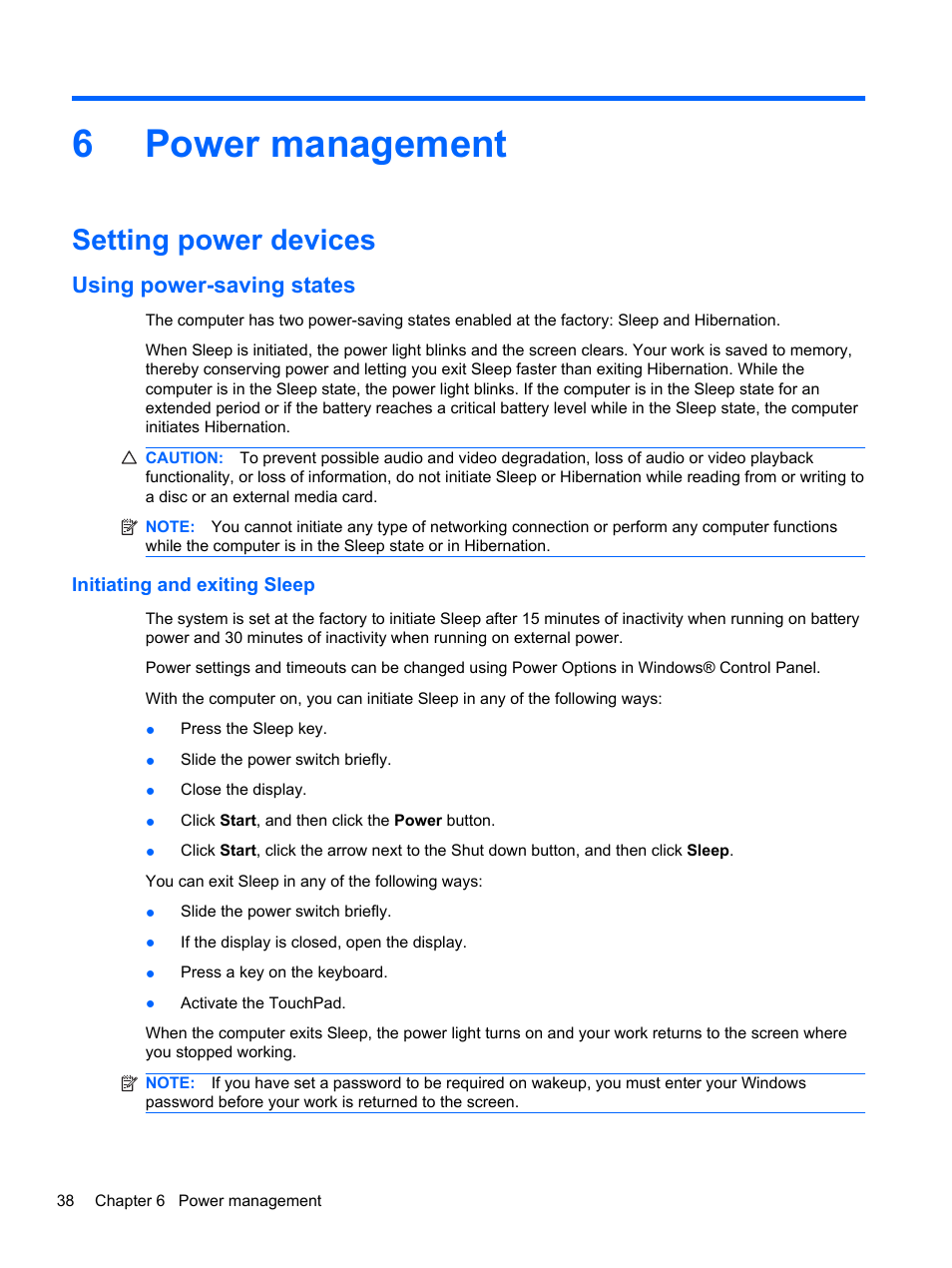 Power management, Setting power devices, Using power-saving states | Initiating and exiting sleep, 6 power management, 6power management | HP Pavilion dm3-2010us Entertainment Notebook PC User Manual | Page 48 / 95