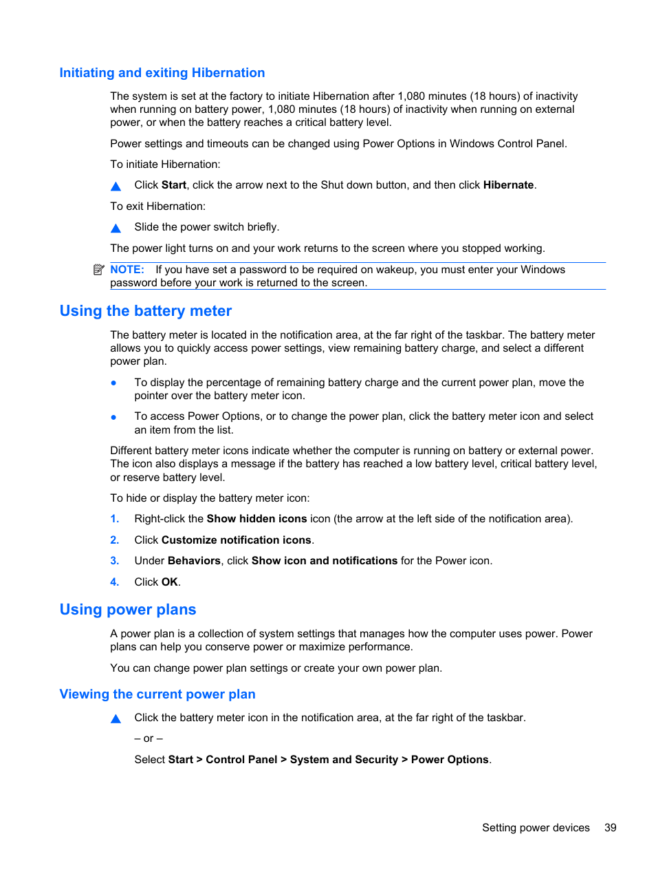 Initiating and exiting hibernation, Using the battery meter, Using power plans | Viewing the current power plan, Using the battery meter using power plans | HP Pavilion dm3-2010us Entertainment Notebook PC User Manual | Page 49 / 95