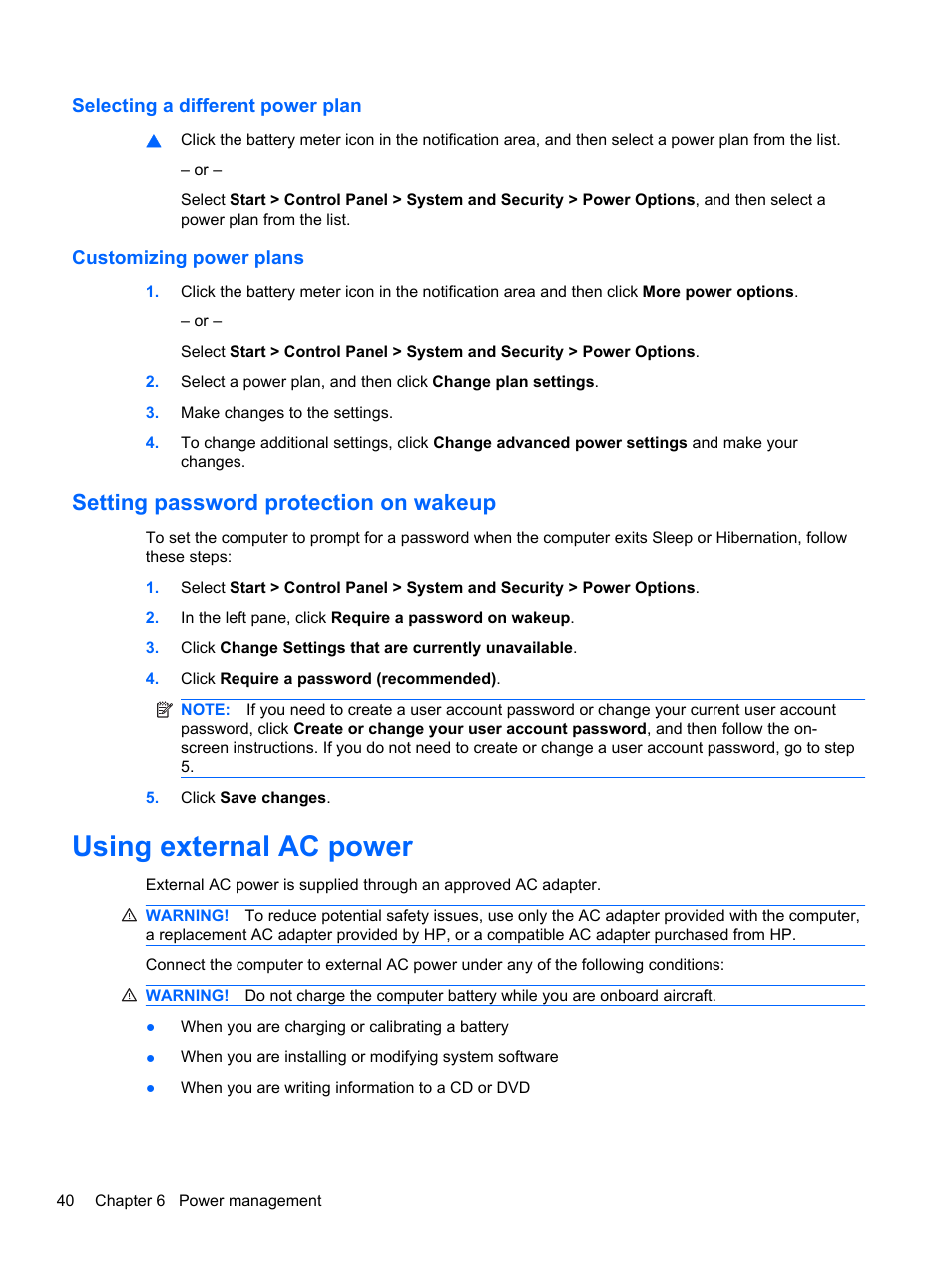 Selecting a different power plan, Customizing power plans, Setting password protection on wakeup | Using external ac power | HP Pavilion dm3-2010us Entertainment Notebook PC User Manual | Page 50 / 95