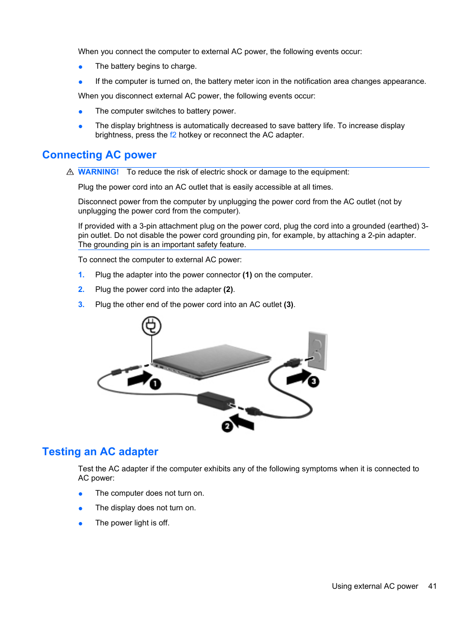 Connecting ac power, Testing an ac adapter, Connecting ac power testing an ac adapter | HP Pavilion dm3-2010us Entertainment Notebook PC User Manual | Page 51 / 95