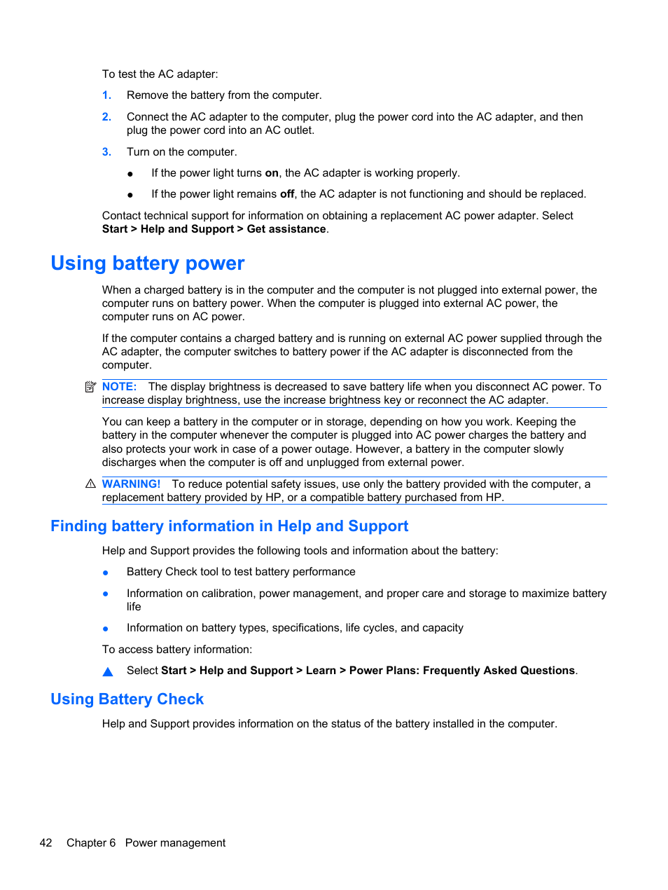 Using battery power, Finding battery information in help and support, Using battery check | HP Pavilion dm3-2010us Entertainment Notebook PC User Manual | Page 52 / 95