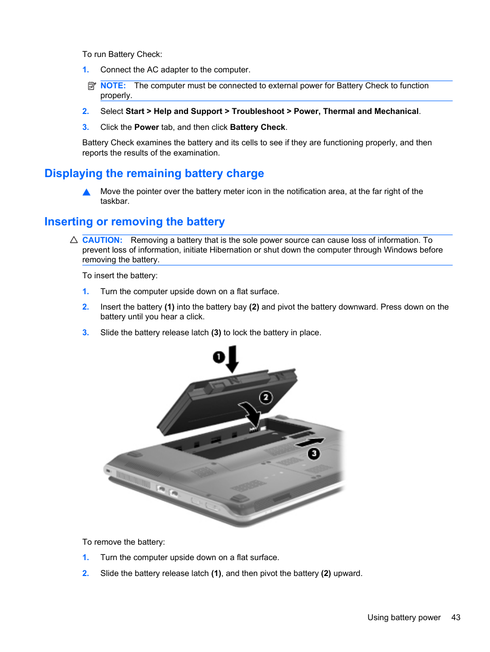 Displaying the remaining battery charge, Inserting or removing the battery | HP Pavilion dm3-2010us Entertainment Notebook PC User Manual | Page 53 / 95