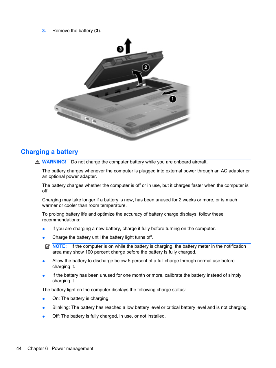 Charging a battery | HP Pavilion dm3-2010us Entertainment Notebook PC User Manual | Page 54 / 95