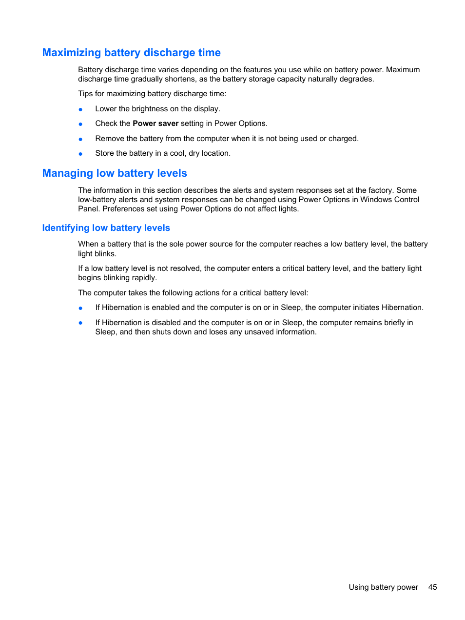 Maximizing battery discharge time, Managing low battery levels, Identifying low battery levels | HP Pavilion dm3-2010us Entertainment Notebook PC User Manual | Page 55 / 95