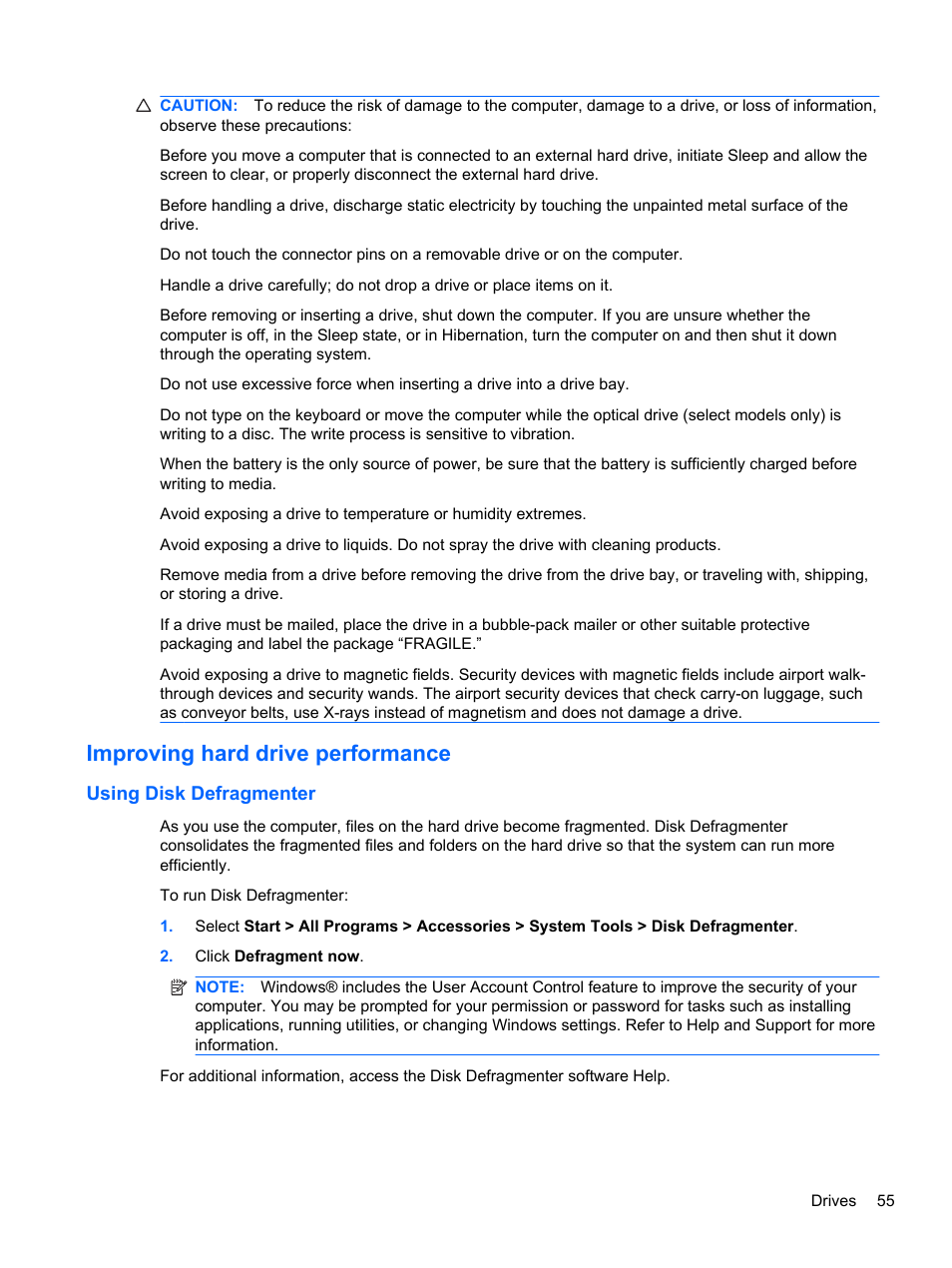 Improving hard drive performance, Using disk defragmenter | HP Pavilion dm3-2010us Entertainment Notebook PC User Manual | Page 65 / 95