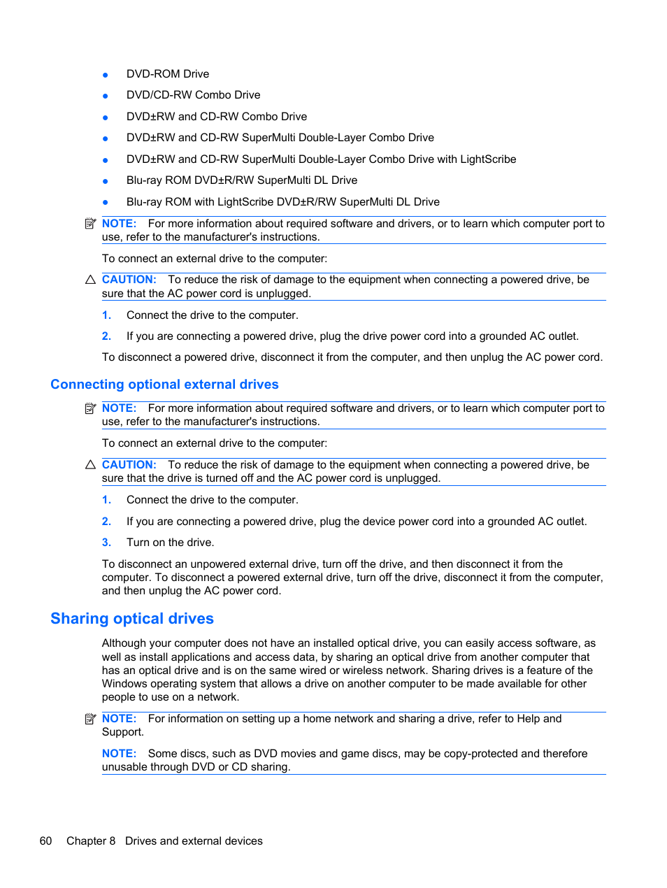 Connecting optional external drives, Sharing optical drives | HP Pavilion dm3-2010us Entertainment Notebook PC User Manual | Page 70 / 95