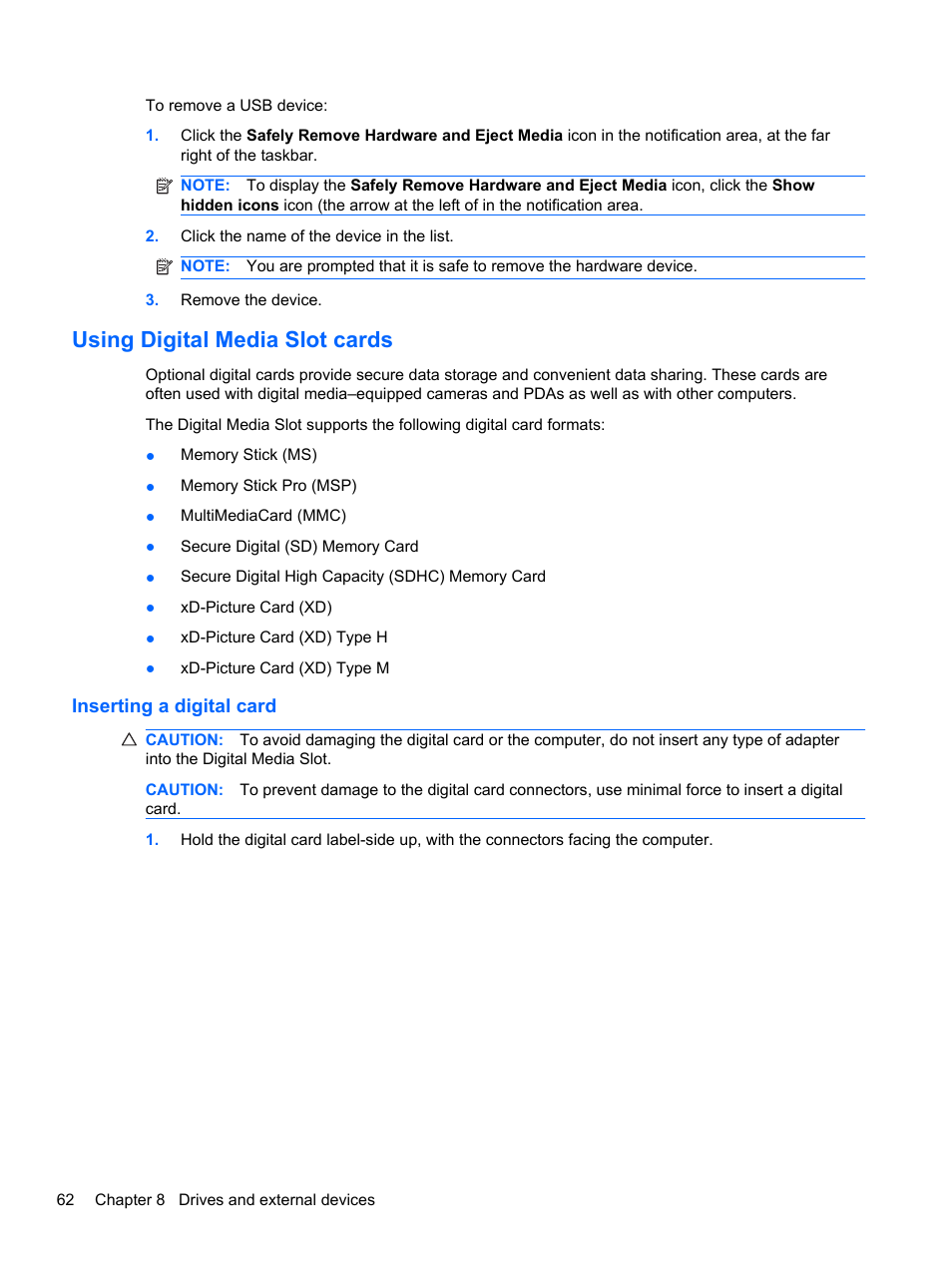 Using digital media slot cards, Inserting a digital card | HP Pavilion dm3-2010us Entertainment Notebook PC User Manual | Page 72 / 95