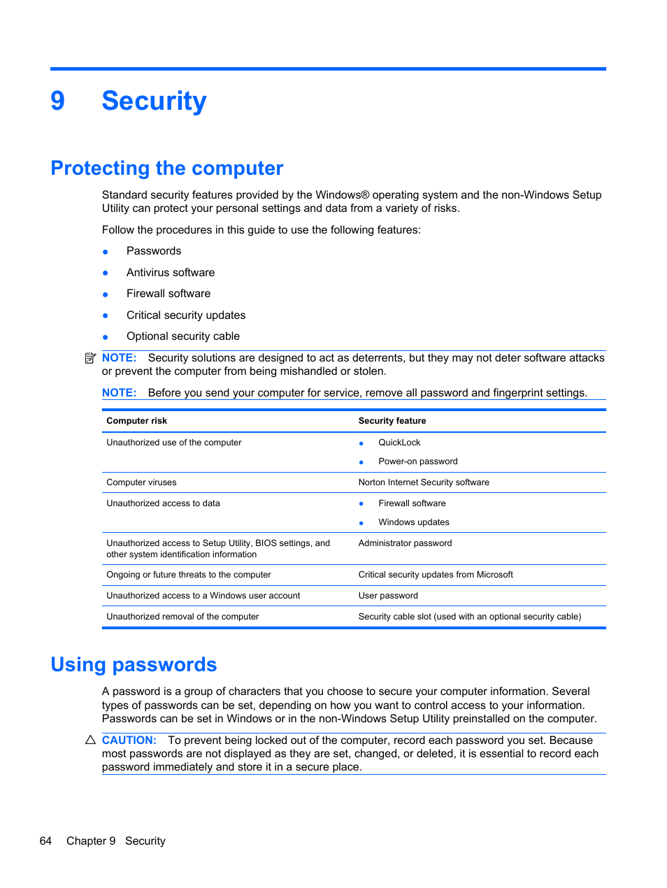 Security, Protecting the computer, Using passwords | 9 security, Protecting the computer using passwords, 9security | HP Pavilion dm3-2010us Entertainment Notebook PC User Manual | Page 74 / 95