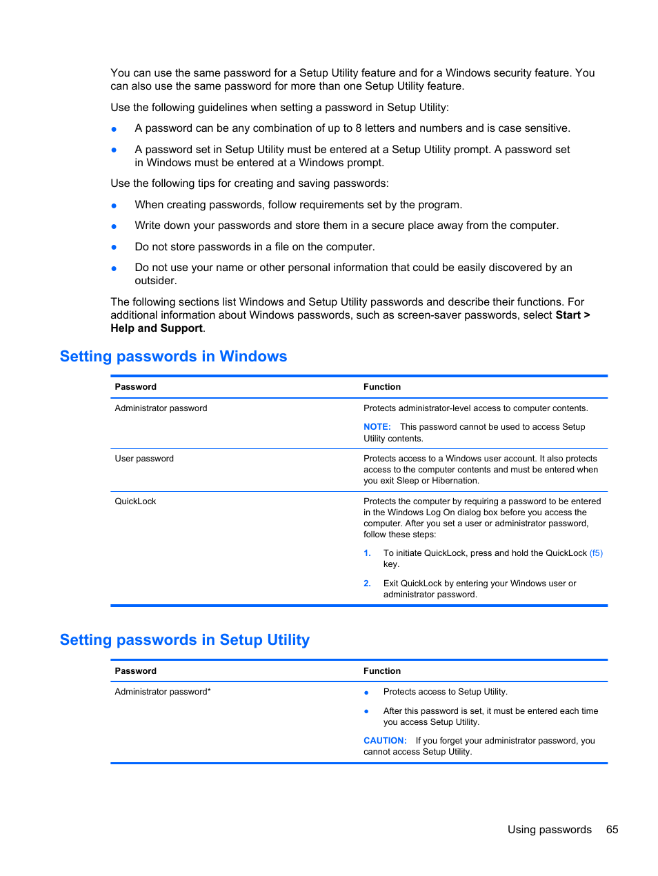 Setting passwords in windows, Setting passwords in setup utility | HP Pavilion dm3-2010us Entertainment Notebook PC User Manual | Page 75 / 95