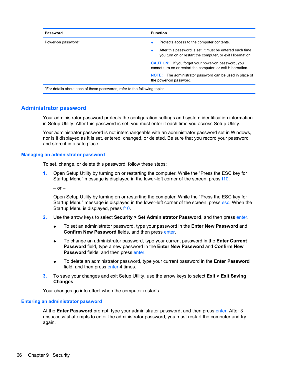 Administrator password, Managing an administrator password, Entering an administrator password | HP Pavilion dm3-2010us Entertainment Notebook PC User Manual | Page 76 / 95