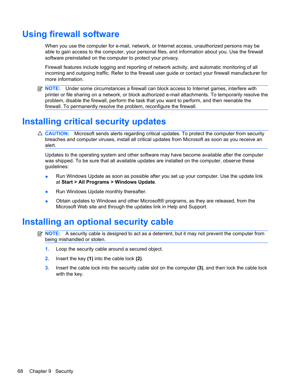 Using firewall software, Installing critical security updates, Installing an optional security cable | HP Pavilion dm3-2010us Entertainment Notebook PC User Manual | Page 78 / 95