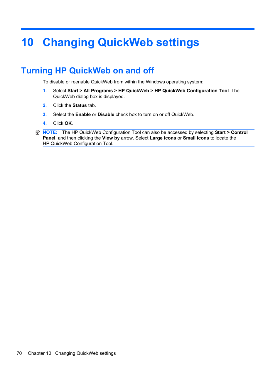 Changing quickweb settings, Turning hp quickweb on and off, 10 changing quickweb settings | HP Pavilion dm3-2010us Entertainment Notebook PC User Manual | Page 80 / 95