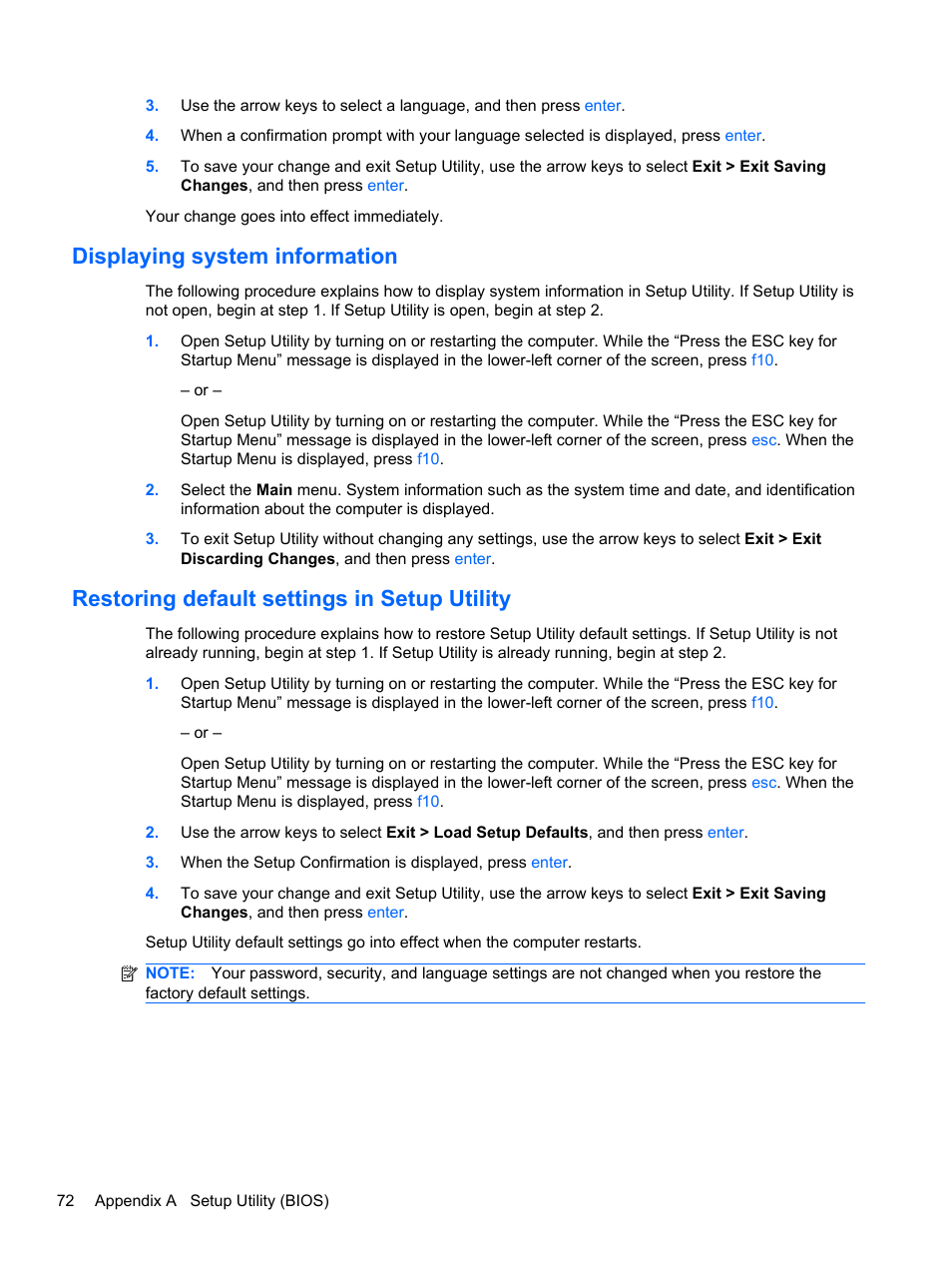 Displaying system information, Restoring default settings in setup utility | HP Pavilion dm3-2010us Entertainment Notebook PC User Manual | Page 82 / 95