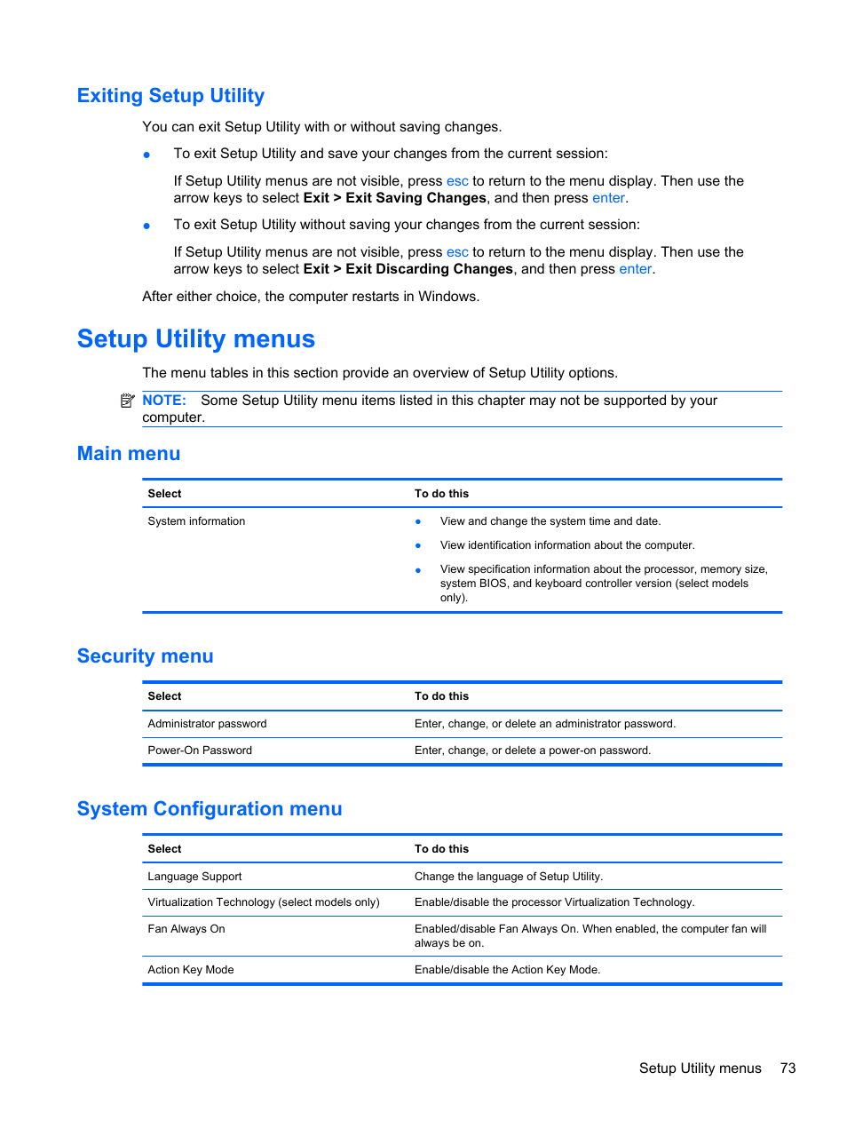 Exiting setup utility, Setup utility menus, Main menu | Security menu, System configuration menu, Main menu security menu system configuration menu | HP Pavilion dm3-2010us Entertainment Notebook PC User Manual | Page 83 / 95