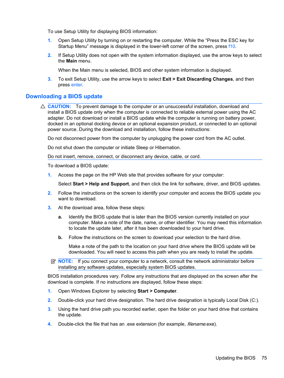 Downloading a bios update | HP Pavilion dm3-2010us Entertainment Notebook PC User Manual | Page 85 / 95