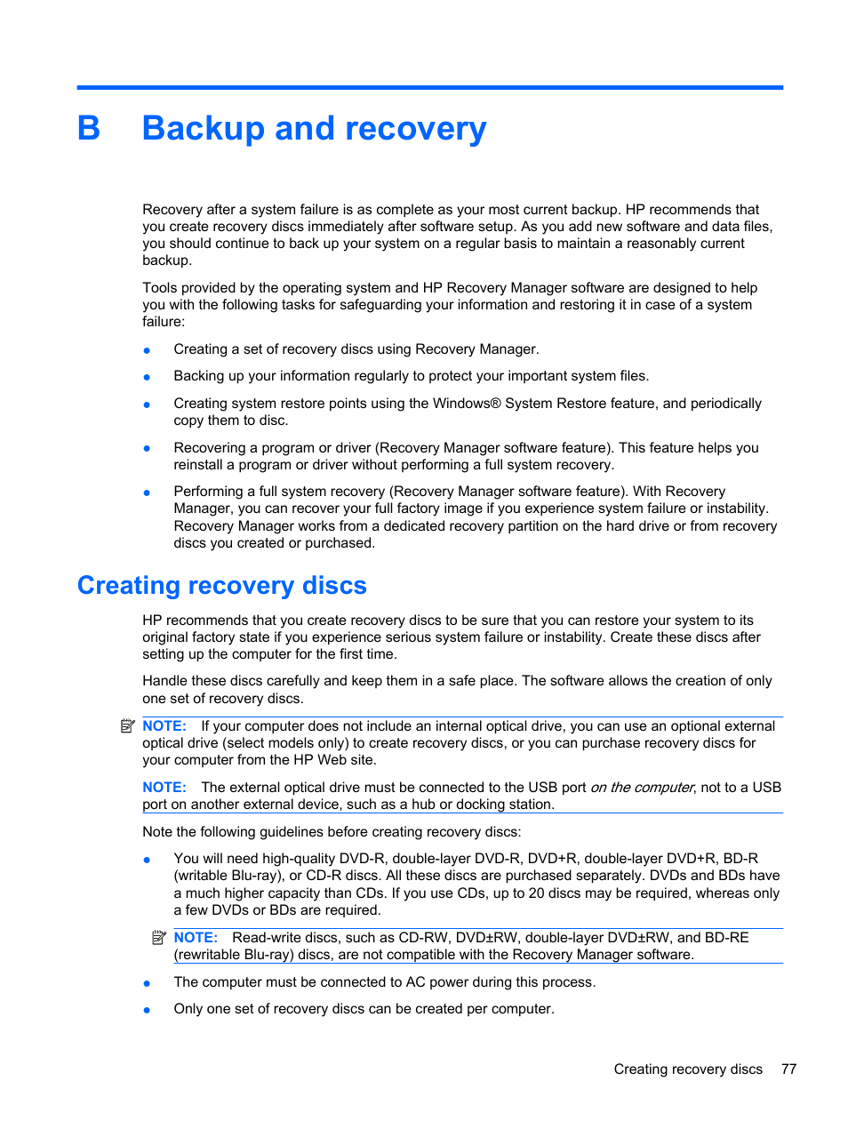 Backup and recovery, Creating recovery discs, Appendix b backup and recovery | Bbackup and recovery | HP Pavilion dm3-2010us Entertainment Notebook PC User Manual | Page 87 / 95