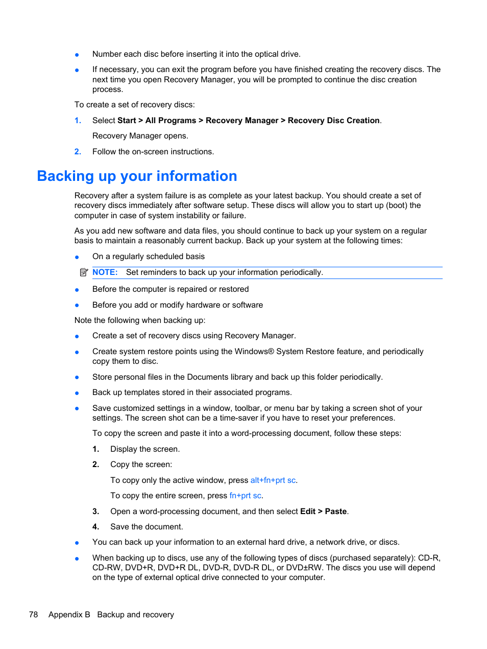 Backing up your information | HP Pavilion dm3-2010us Entertainment Notebook PC User Manual | Page 88 / 95
