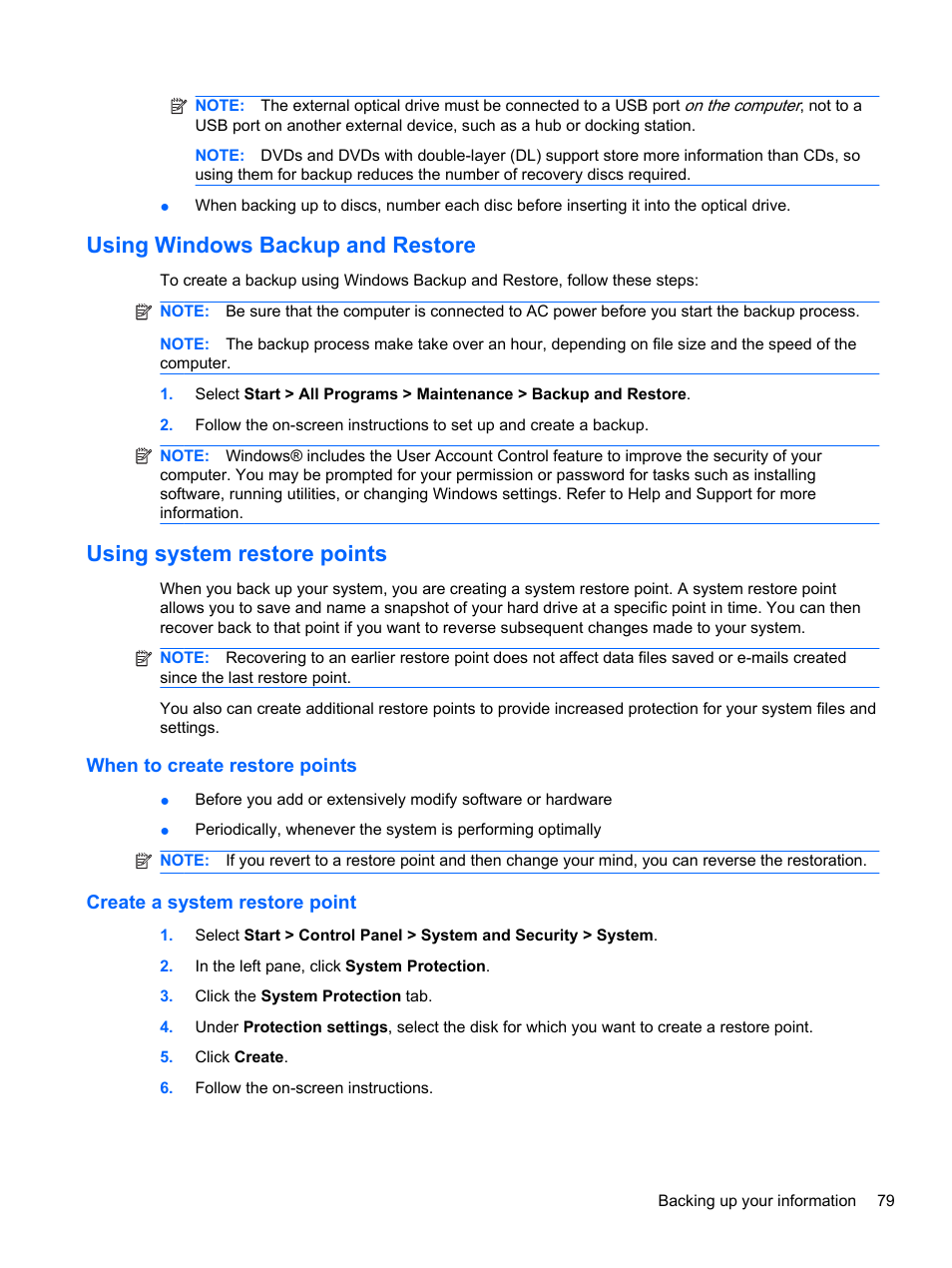 Using windows backup and restore, Using system restore points, When to create restore points | Create a system restore point | HP Pavilion dm3-2010us Entertainment Notebook PC User Manual | Page 89 / 95