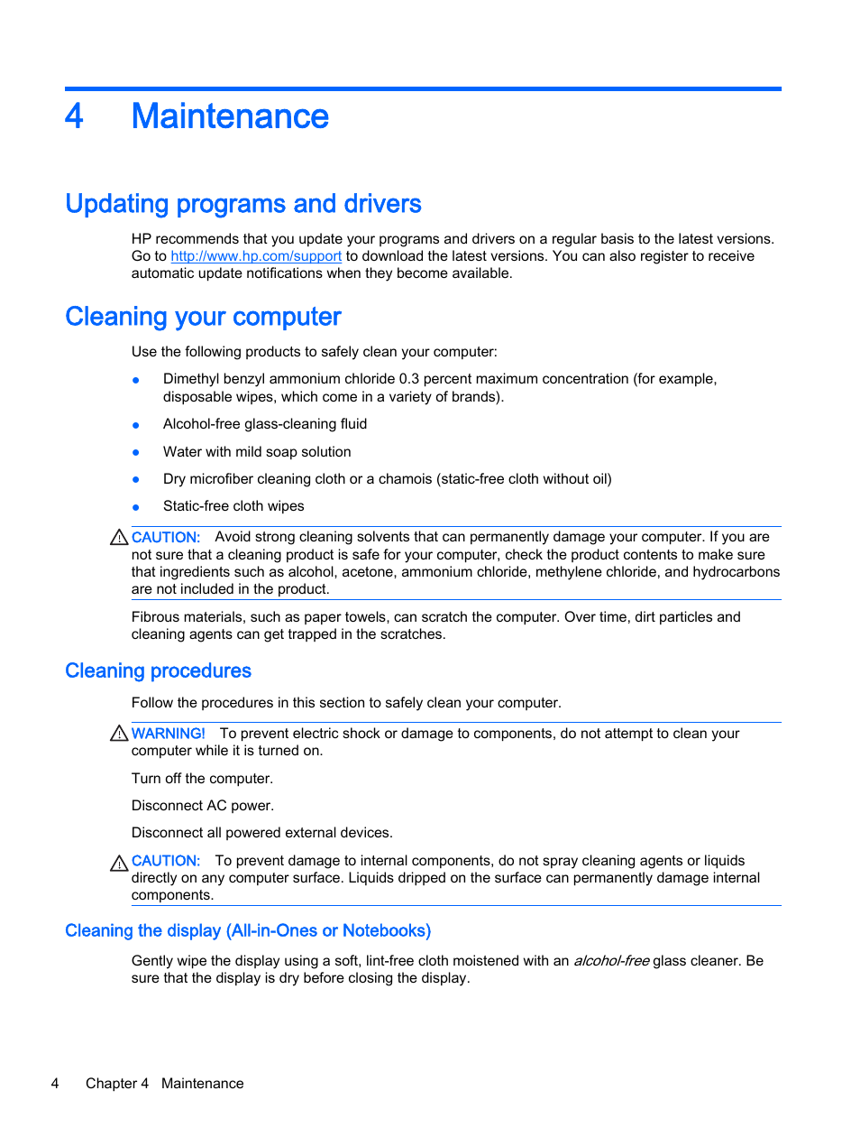 Maintenance, Updating programs and drivers, Cleaning your computer | Cleaning procedures, Cleaning the display (all-in-ones or notebooks), 4 maintenance, 4maintenance | HP Classmate Notebook PC User Manual | Page 10 / 25