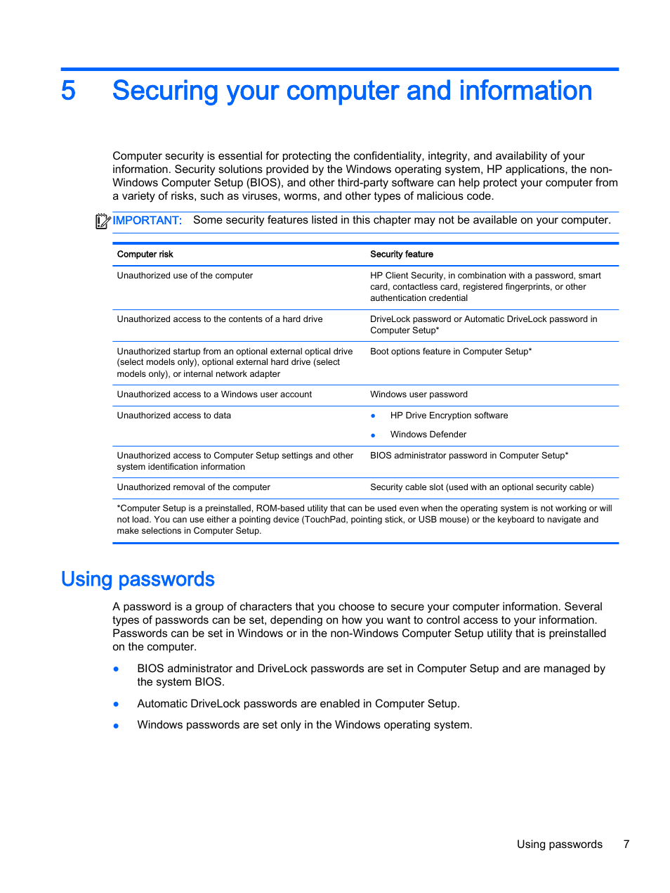 Securing your computer and information, Using passwords, 5 securing your computer and information | 5securing your computer and information | HP Classmate Notebook PC User Manual | Page 13 / 25