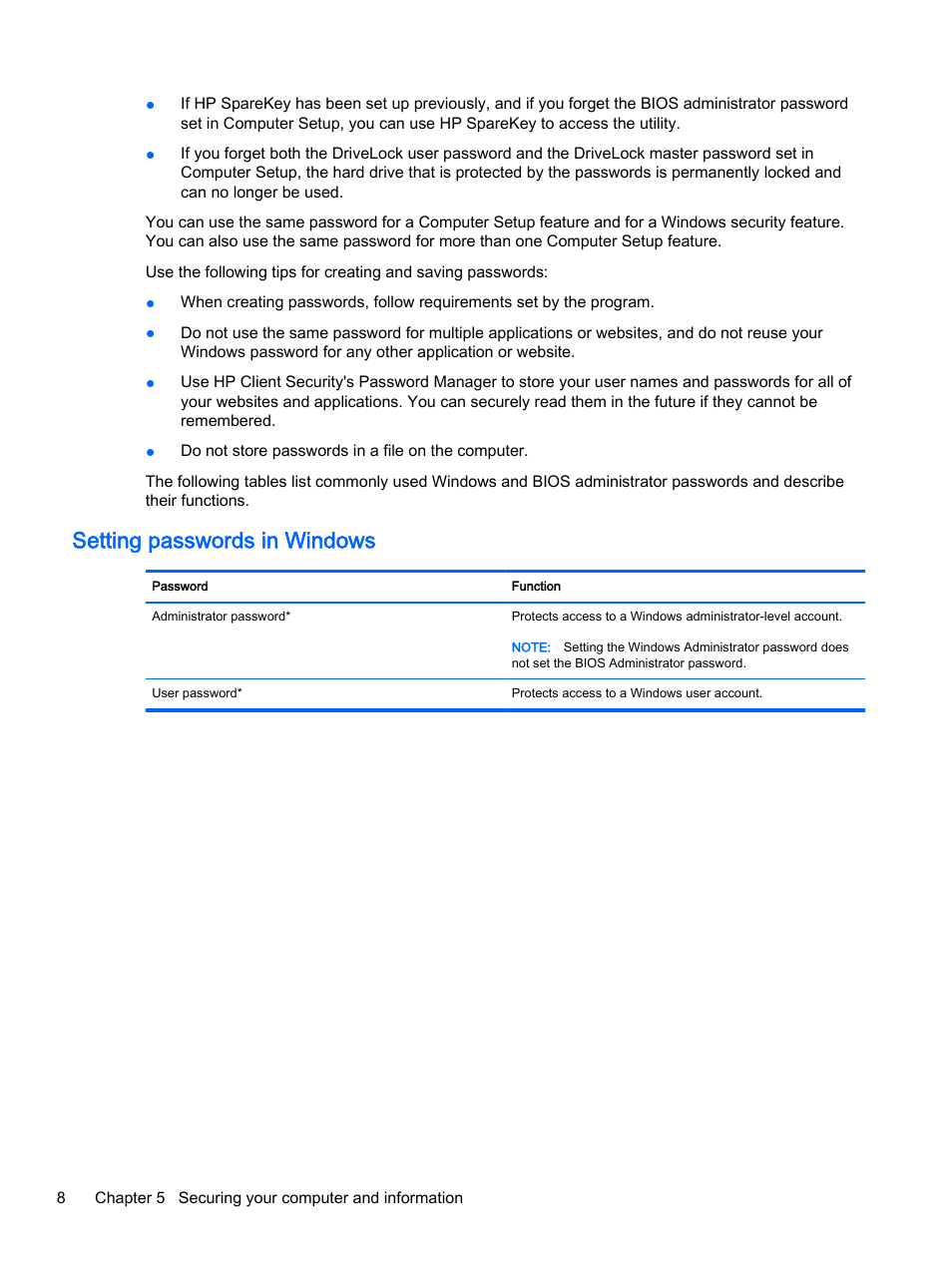 Setting passwords in windows | HP Classmate Notebook PC User Manual | Page 14 / 25