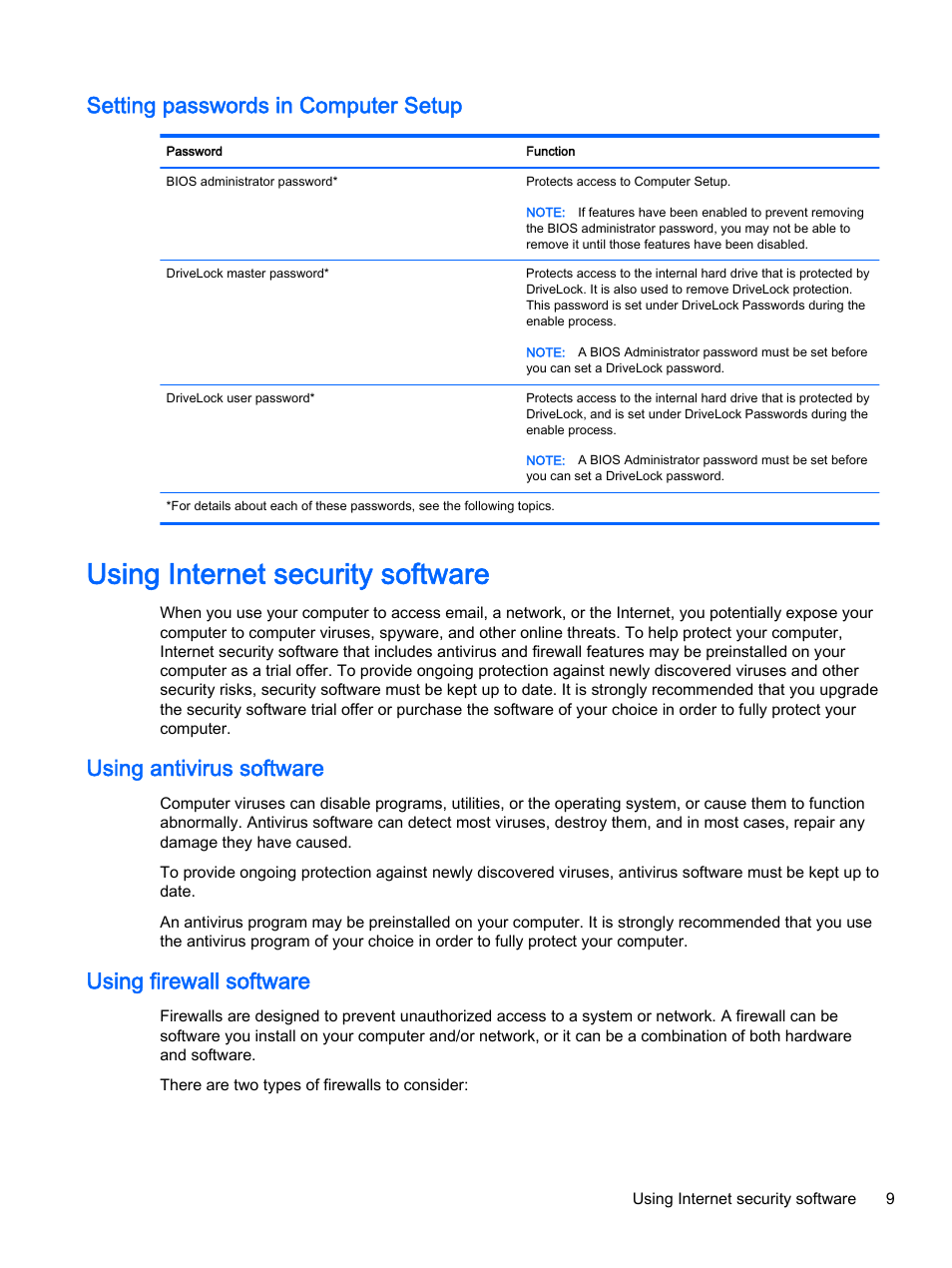 Setting passwords in computer setup, Using internet security software, Using antivirus software | Using firewall software | HP Classmate Notebook PC User Manual | Page 15 / 25