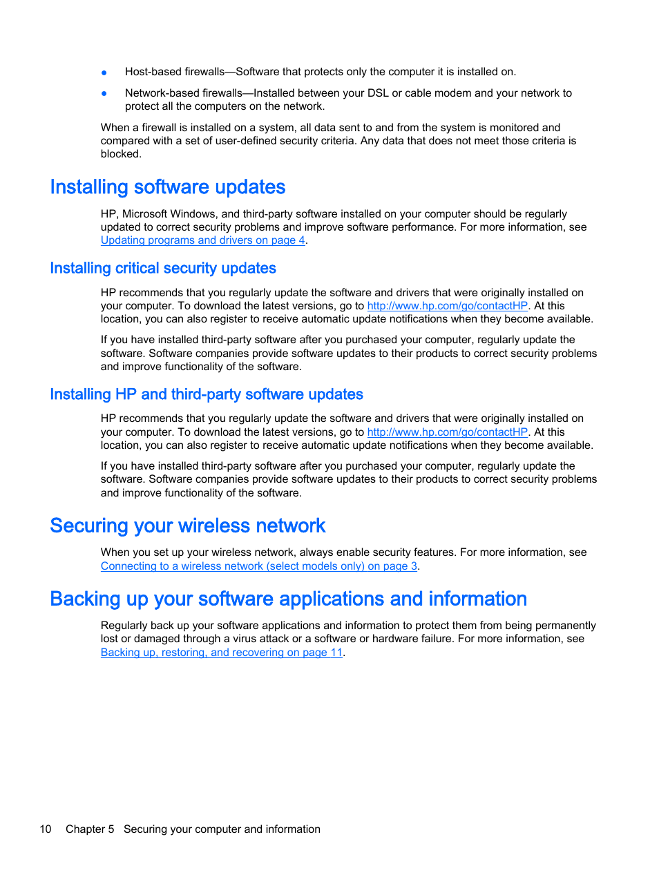Installing software updates, Installing critical security updates, Installing hp and third-party software updates | Securing your wireless network | HP Classmate Notebook PC User Manual | Page 16 / 25