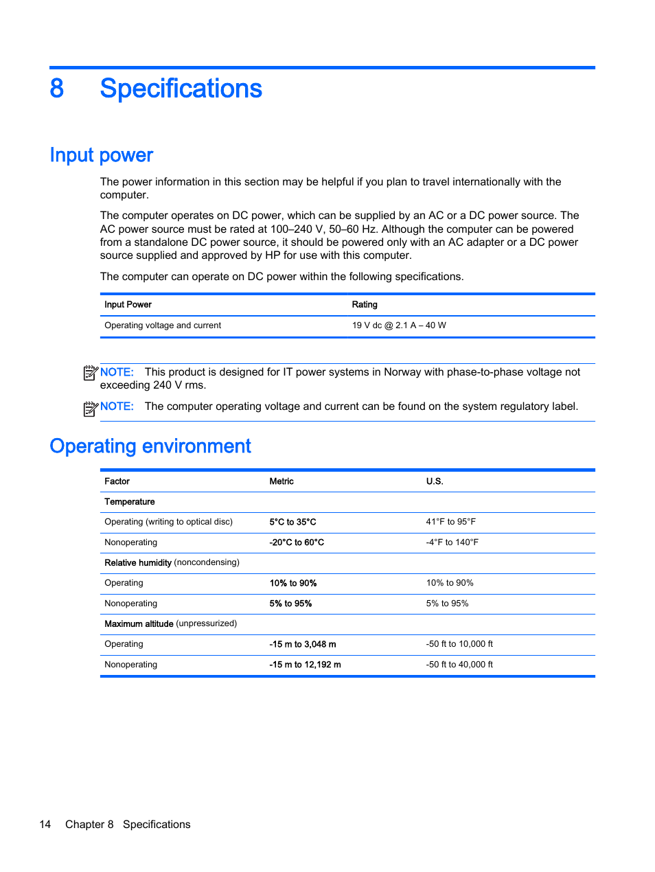 Specifications, Input power, Operating environment | 8 specifications, 8specifications | HP Classmate Notebook PC User Manual | Page 20 / 25