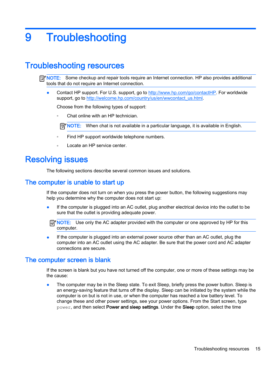 Troubleshooting, Troubleshooting resources, Resolving issues | The computer is unable to start up, The computer screen is blank, 9 troubleshooting, Troubleshooting resources resolving issues, 9troubleshooting | HP Classmate Notebook PC User Manual | Page 21 / 25