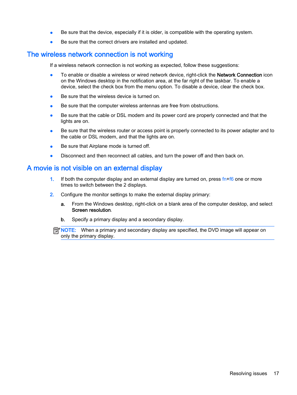 The wireless network connection is not working, A movie is not visible on an external display | HP Classmate Notebook PC User Manual | Page 23 / 25