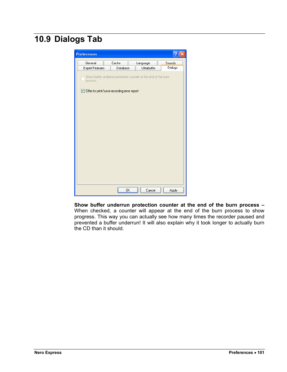 Dialogs tab, 9 dialogs tab | HP CD52 External CD-Writer Series User Manual | Page 101 / 117