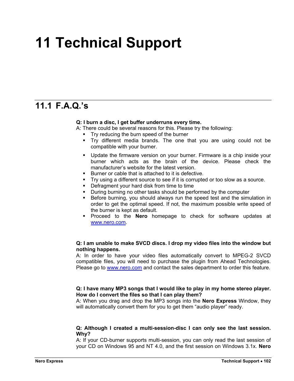 Technical support, F.a.q.’s, 11 technical support | 1 f.a.q.’s | HP CD52 External CD-Writer Series User Manual | Page 102 / 117