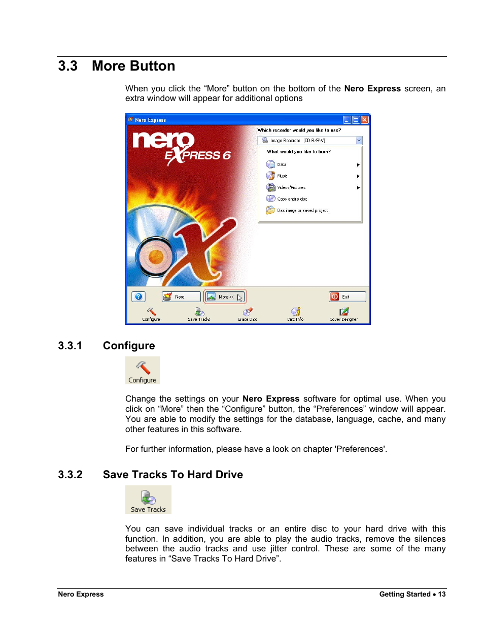 More button, Configure, Save tracks to hard drive | 3 more button | HP CD52 External CD-Writer Series User Manual | Page 13 / 117