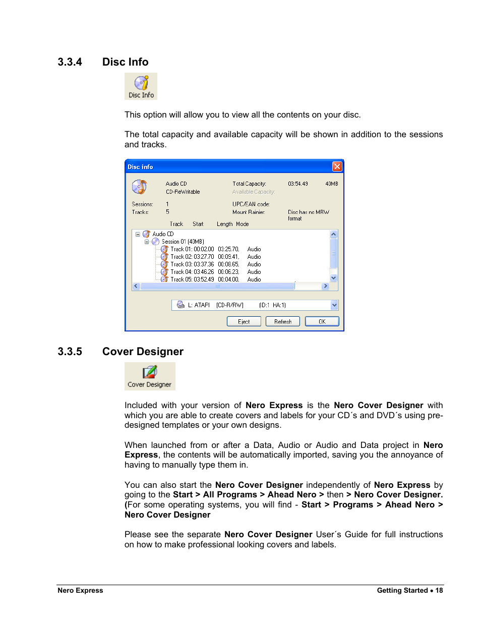 Disc info, Cover designer | HP CD52 External CD-Writer Series User Manual | Page 18 / 117