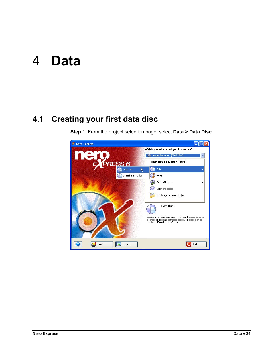 Data, Creating your first data disc, 4 data | 1 creating your first data disc | HP CD52 External CD-Writer Series User Manual | Page 24 / 117