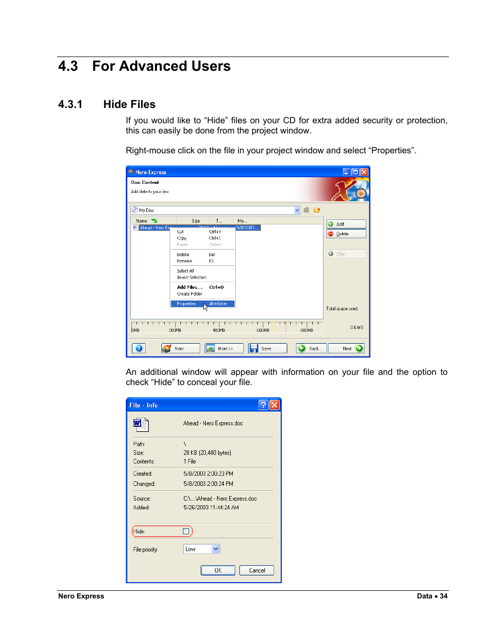 For advanced users, Hide files, 3 for advanced users | HP CD52 External CD-Writer Series User Manual | Page 34 / 117