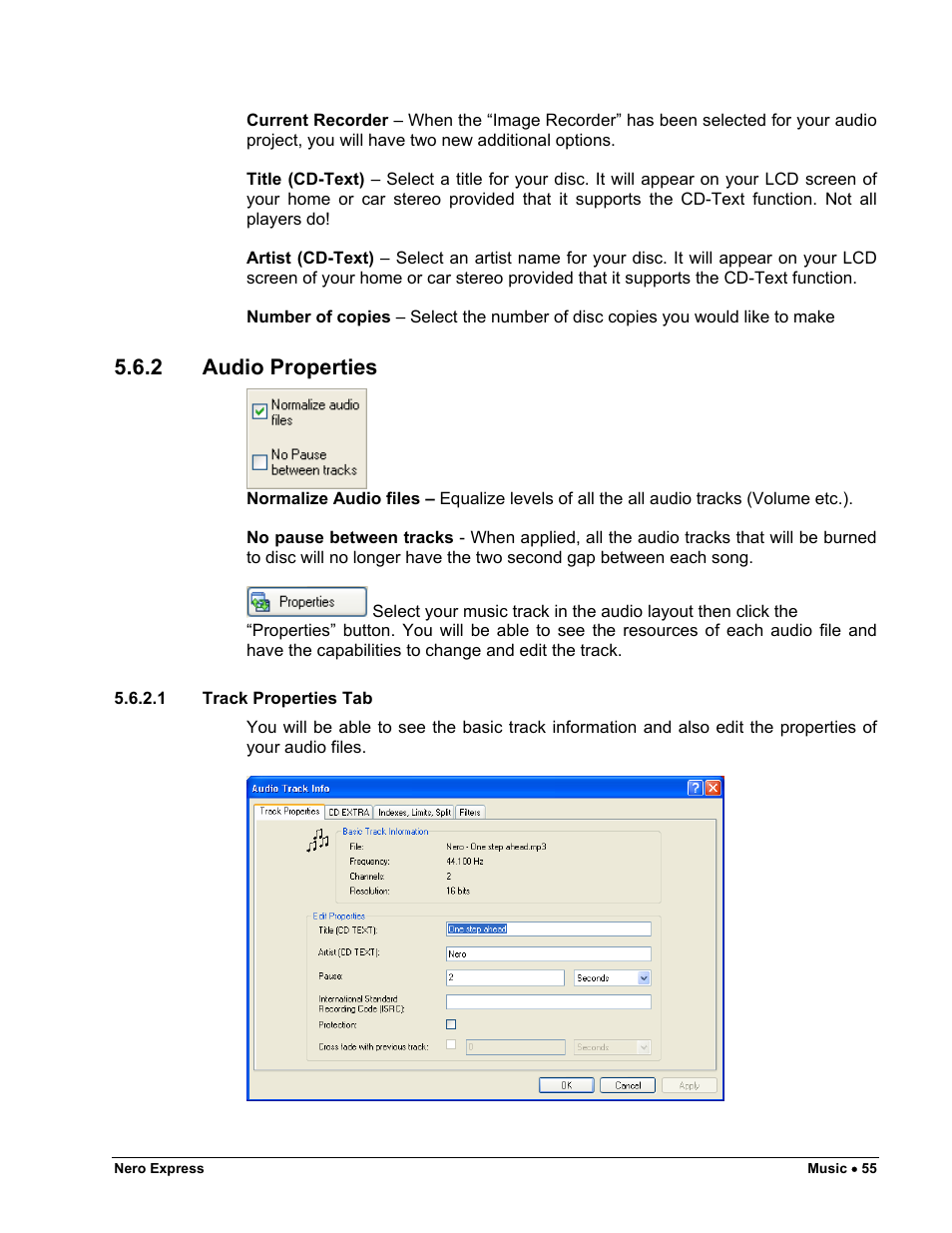 Audio properties, Track properties tab, 2 audio properties | HP CD52 External CD-Writer Series User Manual | Page 55 / 117